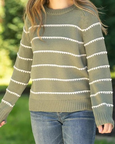 Blanket Stitched Striped Knit Pullover Sweater