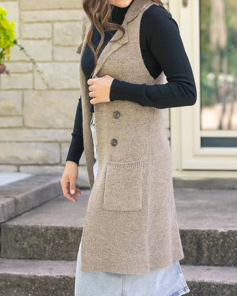 Sleeveless Notched Collar Long Sweater Vest